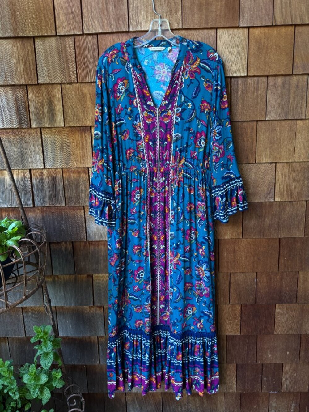 Soft Surroundings Allene Teal Floral Boho Tiered Maxi Dress in Women's Large - Picture 6 of 12